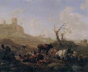 William Romeyn, Cattle and sheep by a stream in a pasture,a town beyond